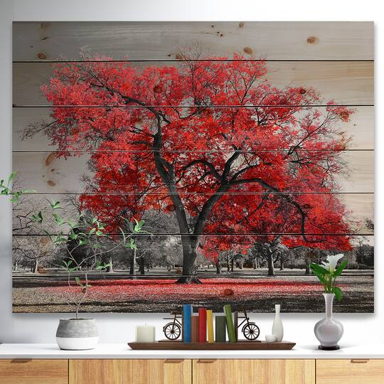 Designart - Big Red Tree on Foggy Day - Landscape Print on Natural Pine Wood